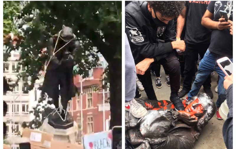 Proteste în Marea Britanie. Statuia unui comerciant de sclavi, dată jos de pe soclu şi călcată în picioare