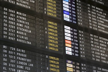 BRUSSELS, Feb. 13, 2025 -- A flight information board is seen at the departure hall of Brussels Airport in Zaventem, Belgium, Feb. 13, 2025. Tens of thousands of people marched through central Brussels, Belgium, on Thursday to protest against planned government reforms, as unions warned of further strike action unless policymakers reconsider their proposals. The demonstration brought parts of the capital to a standstill, halting traffic on key routes and disrupting public transport. Brussels Airport canceled 430 flights as ground operations were suspended, while metro, bus, and tram services were severely affected. TO GO WITH "Around 60,000 protest in Brussels against gov't reforms",Image: 963342418, License: Rights-managed, Restrictions: , Model Release: no