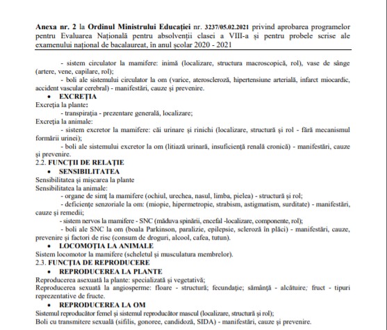 Programa Biologie Bac 2021