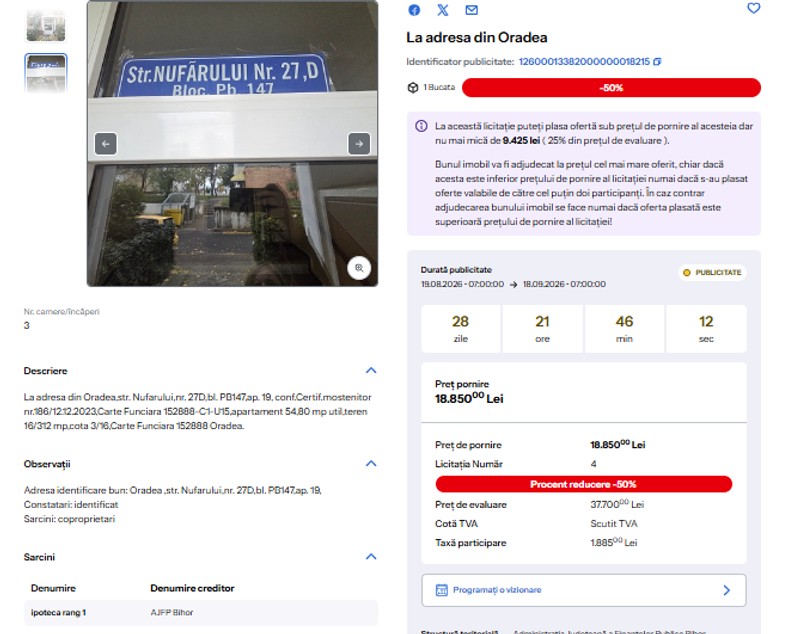 ANAF încearcă pentru a patra oară să vândă o parte dintr-un apartament din Oradea: oferă reducere 50%