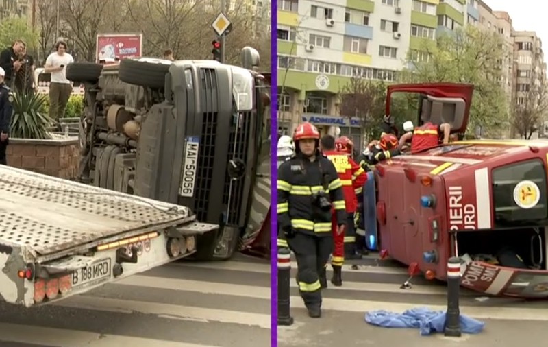 Accident grav în Bucureşti: o ambulanţă SMURD aflată în misiune s-a răsturnat după ce a fost lovită de o mașină