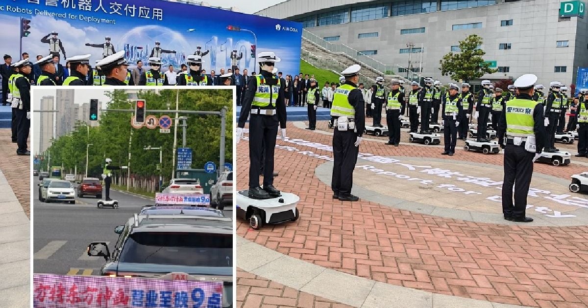 Agenți de poliție alături de roboți humanoizi îmbrăcați în uniforme