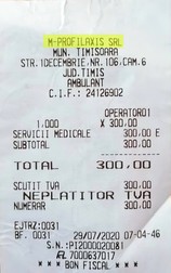 Bonul fiscal care atestă că achitaseră preţul testului la cerere - de la clinica privată SC Profilaxis SRL