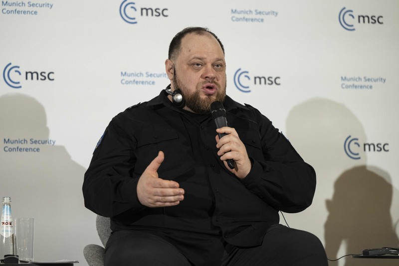 18 February 2023, Munich: Ukrainian Parliament Chairman Ruslan Stefanchuk, during a panel discussion with US House Speaker Nancy Pelosi on the Role of Parliaments in War, during the Munich Security Conference at the Bayerischer Hof Hotel. Photo: Lennart Preiss/Msc/Lennart Preis/Planet Pix via ZUMA Press Wire/dpa