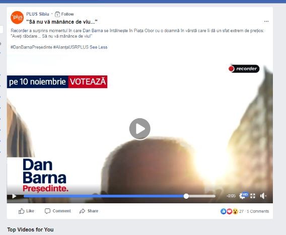 Captură de ecran din clipul distribuit de PLUS Sibiu cu grafica de campanie electorală a lui Dan Barna pusă pe cadrele Recorder.ro