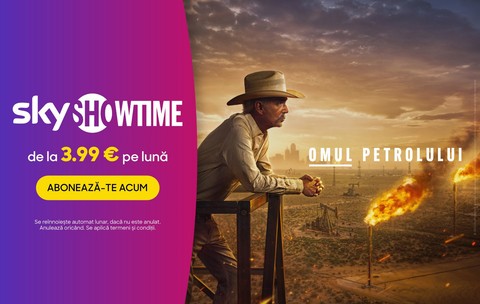 Vizual skyshowtime omul petrolului. Pe stanga este logoul skyshowtime pe fundal magenta cu mov, iar pe drepata este o imagine cu personajul principal.