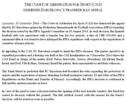 Decizia primită de FC Barcelona din partea FIFA.