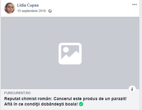 Una dintre postările de pe Facebook-ul Lidiei Cupșa, cea în care distribuia informația că un parazit produce cancerul
