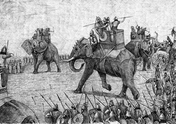 War elephant illustration, army of Carthage. Acrylic illustration.
