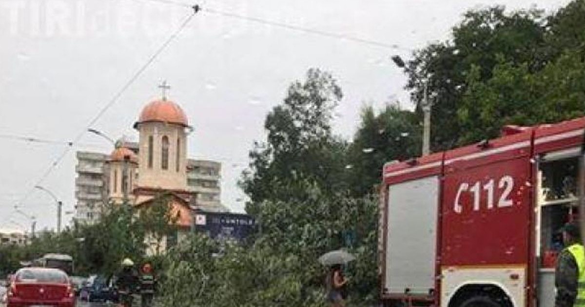 Mai multe crengi și copaci căzuți pe o stradă din Cluj, în dreapta este o mașină de intervenție de la 112, iar în depărtare se vede o biserică