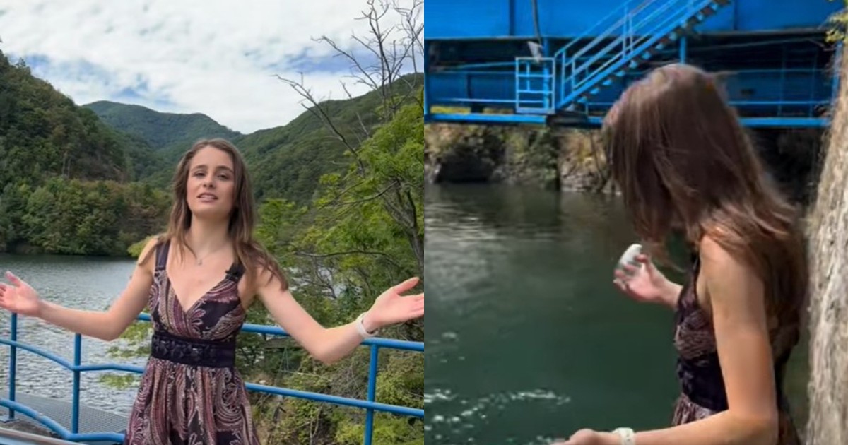 Colaj cu două fotografii cu o tânără șatenă care stă pe barajul unui lac de acumulare, gesticulează și prezintă peisajul în fața camerei. Femeia poartă o rochie maro și ține un pahar de apă în mână