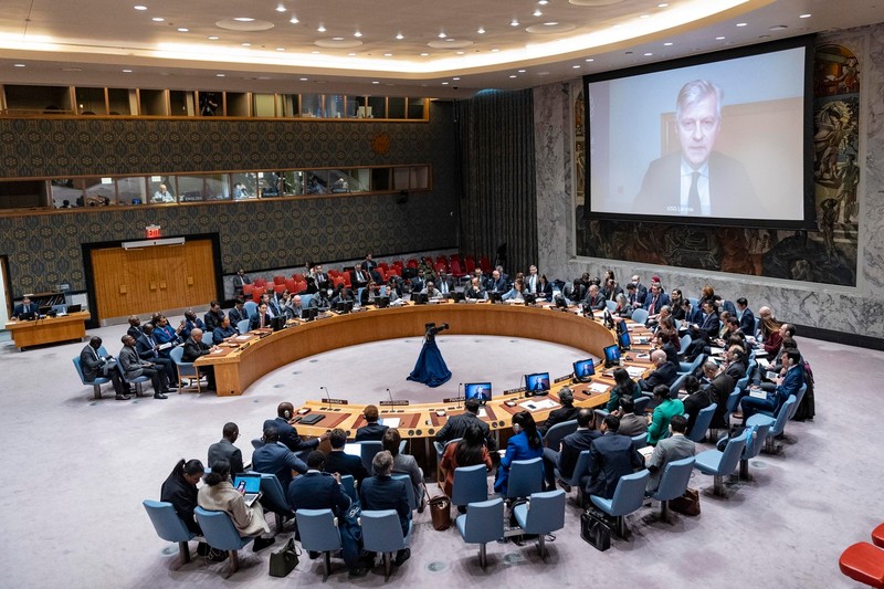 January 26, 2025, New York, New York, USA: Jean-Pierre Lacroix, Under-Secretary-General for Peace Operations speaks virtually during Security Council meeting on situation in Democratic Republic of Congo at UN Headquarters in New York on January 26, 2025. Meeting was originally scheduled on Monday January 27 on regular workday, however due to intensified fights in the region and killing of 13 soldiers serving with peacekeeping forces. Rebels of the Mouvement du 23 Mars (M23) group supported by Rwanda called on Congolese troops on Goma to surrender.,Image: 957829659, License: Rights-managed, Restrictions: , Model Release: no