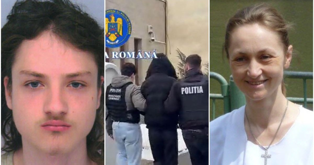 Un tânăr de 23 de ani suspectat că și-a omorât mama, în centrul imaginii este el cu spatele, prins de polițiști, iar în dreapta imaginii este mama lui