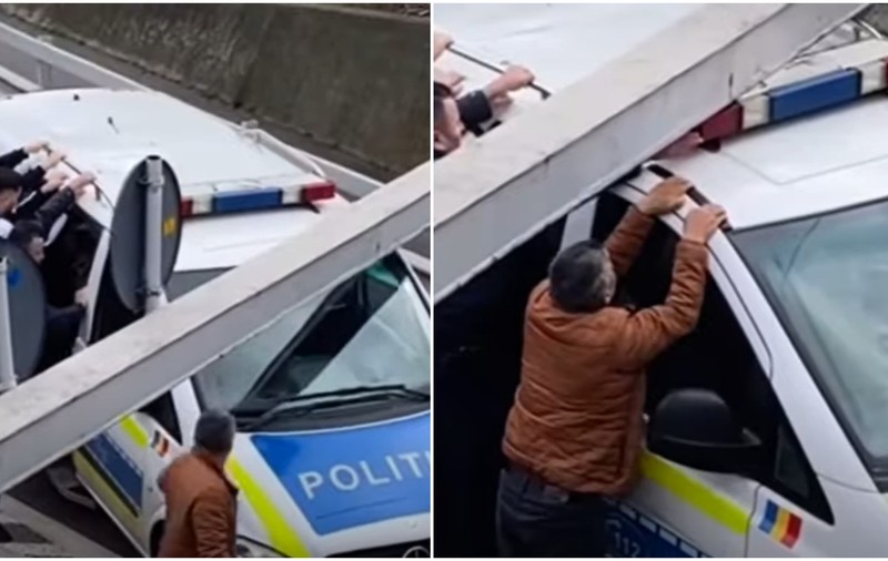 O dubă a poliției, rămasă înțepenită sub un pasaj, în Râmnicu Vâlcea. Agentul care o conducea a fost amendat