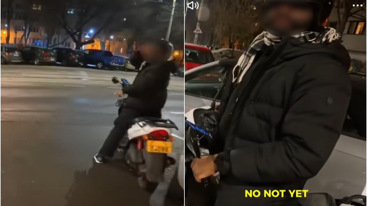 colaj foto cu un livrator asiatic imbracat cu o geca neagra si casca de protectie pe cap, in timp ce sta pe un motoscuter intr-o intersectie din bucuresti