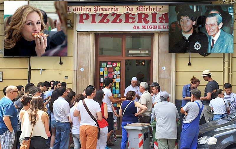 Pizzeria din film. În Napoli, poți mânca pizza preparată de oamenii care i-au servit cu celebrul preparat italian pe Julia Roberts și pe Maradona