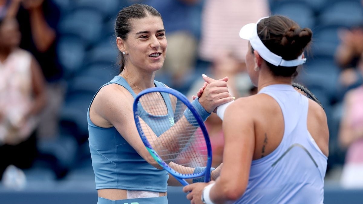 MASON, OHIO - AUGUST 19: Sorana Cirstea of Romania congratulates Jessica Pegula of the United States after their match during day nine of the Cincinnati Open at the Lindner Family Tennis Center on August 19, 2026 in Mason, Ohio. (Photo by Matthew Stockman/Getty Images)
