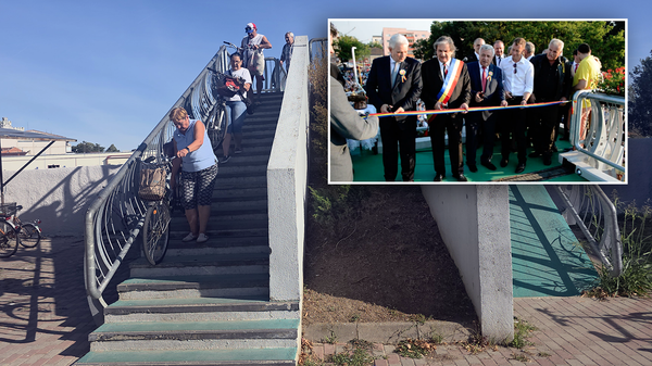 Podul pietonal din Lugoj, inaugurat cu alai de fruntași PSD, este inaccesibil oamenilor cu dizabilități, bicicliștilor, mamelor cu copii. Sursa foto: Daniel Dancea, captură Youtube