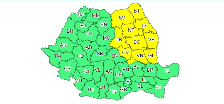 Județele aflate sub cod galben de polei. Alerta este valabilă în intervalul 1 decembrie, ora 12.00 – 2 decembrie, ora 12.00