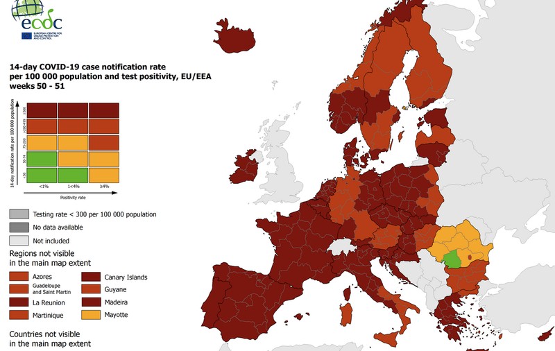 Cum a influențat Omicron harta europeană de COVID. Presa belgiană: Toată Europa este roșie, cu excepția României
