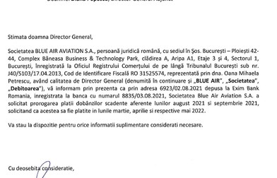 Document de o pagină, datat 26 august 2021 și intrat în posesia Libertatea, în care Blue Air cerea amânarea plății dobânzilor