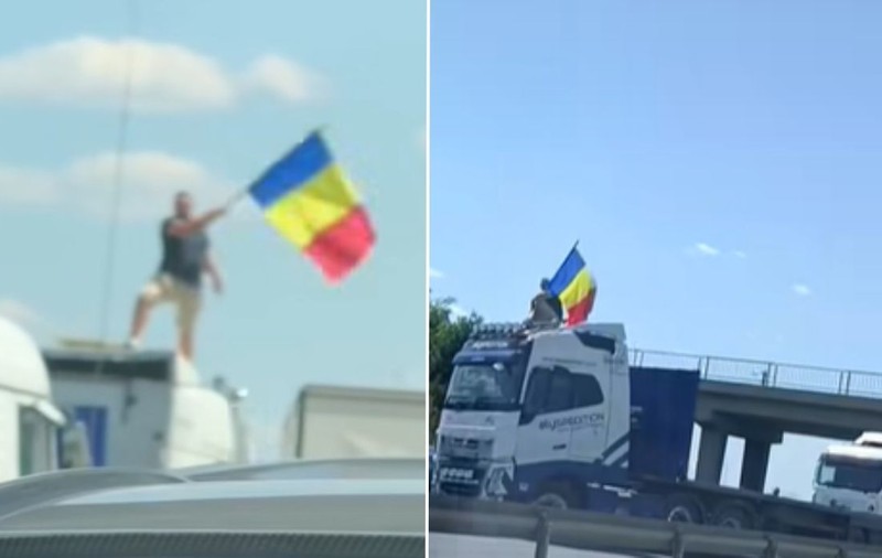 Un șofer de TIR a blocat traficul pe A1: s-a urcat pe cabina camionului și a fluturat drapelul în semn de protest