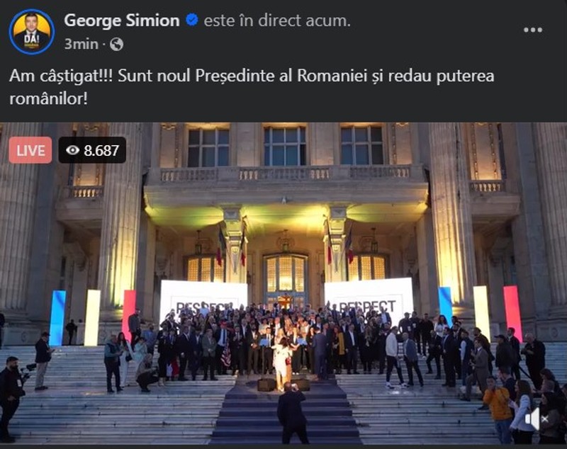 George Simion a postat pe Facebook că a câștigat alegerile prezidențiale. Sondajele exit poll îl contrazic