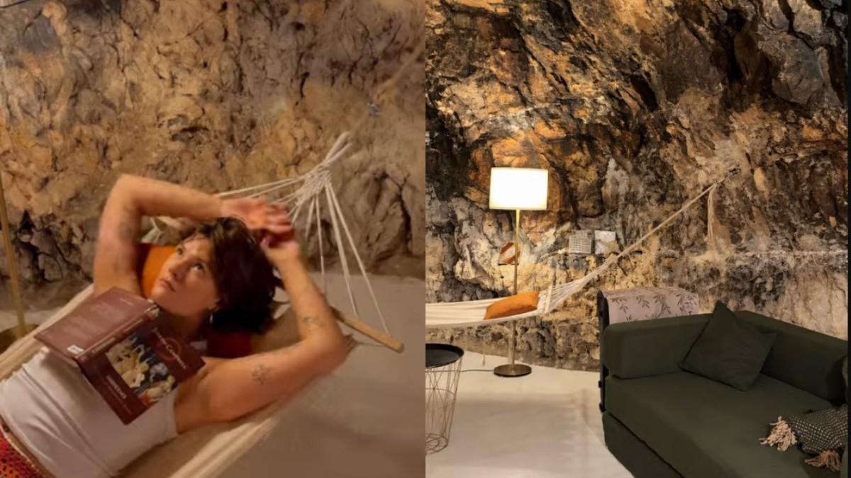 Un colaj cu două fotografii în care apare o casă amenajată într-o peșteră. În prima imagine este o femeie care stă într-un hamac, iar în a doua imagine este un living într-o încăpere cu pereți de stâncă