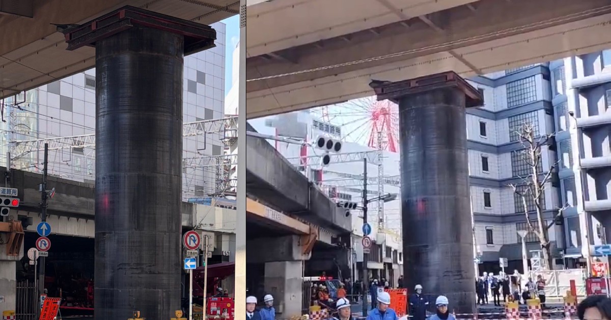 Un cilindru de otel în mijlocul unei intersectii din Osaka, Japonia