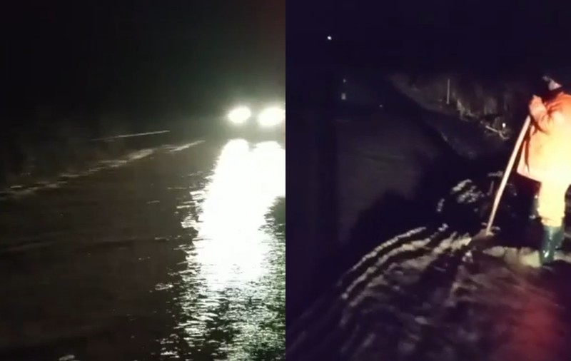 Circulație oprită pe un drum din Harghita, după ce un pârâu a inundat carosabilul. Pe alte drumuri din zonă a fost semnalat polei | VIDEO
