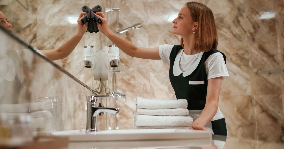 O femeie îmbrăcată într-o uniformă de menajeră, cu un tricou alb și o vestă neagră peste, ține în mâna dreaptă o cârpă cu care șterge o oglindă dintr-o baie. În partea de jos a imaginii se observă un blat pe care sunt mai multe prosoape albe și o chiuvetă.