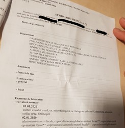 Scrisoarea medicală trimisă spre "Matei Balş", document care consemnează infecţia cu rotavirus