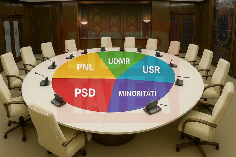 Salonul Alb de la Palatul Victoria, locul unde s-au purtat negocierile dintre PSD, PNL, USR și UDMR. Imagine creată cu inteligența artificială pe baza informațiilor