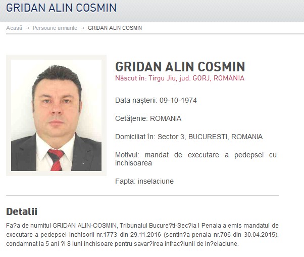 Fostul comisar-șef de poliție Alin Gridan a fost dat în urmărire generală în urmă cu patru ani lSursa: Poliția României