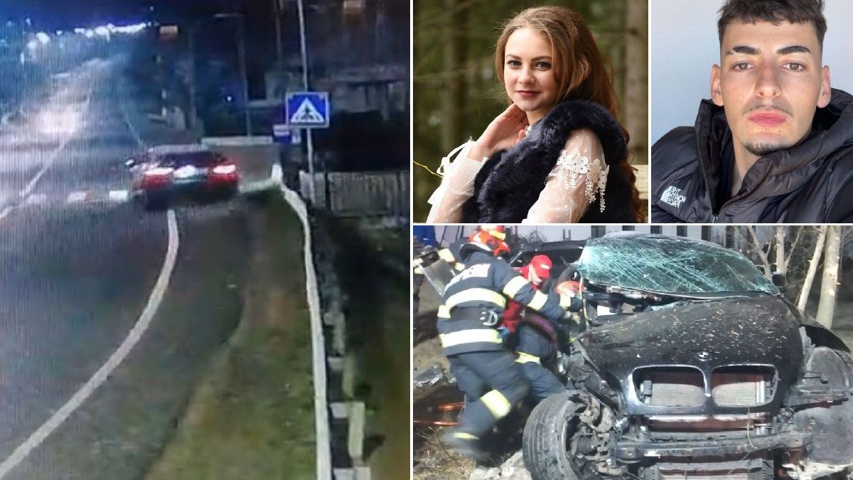 Un colaj din patru fotografii: locul unui accident de mașină cu echipajele de intervenție, o tânără cu o vestă de blană și un bărbat cu o expresie serioasă.