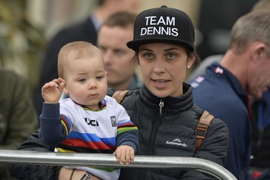 September 25, 2019, Harrogate, United Kingdom: Melissa Hoskins and her son, await the arrival of her husband, new World Champion Rohan Dennis, at the finish of the Men Elite Individual Time Trial at the UCI Road World Championships cycling in Harrogate, North Yorkshire, United Kingdom, Wednesday 25 September 2019. The Worlds are taking place from 21 to 29 September. (Credit Image: © Yorick Jansens/Belga via ZUMA Press)