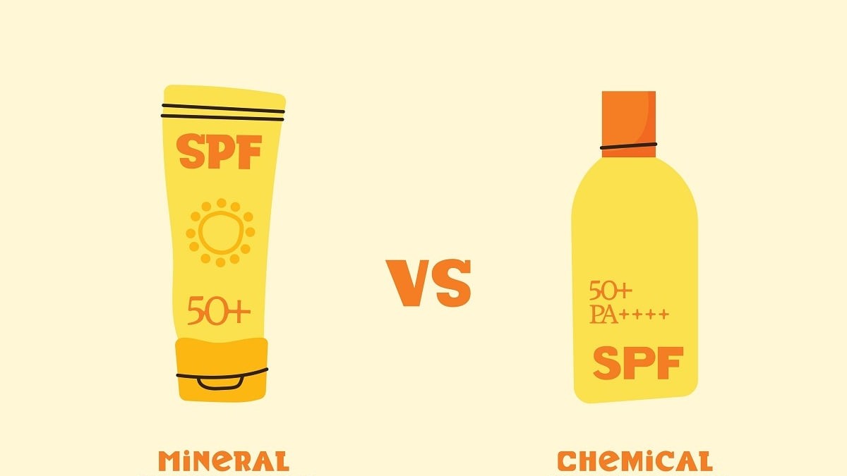 Care este diferența dintre crema cu filtru chimic și cea cu filtru mineral. Pe care s-o alegi - Imagine grafică reprezentând două flacoane de cremă solară de culoare galbenă, una chimică şi una minerală