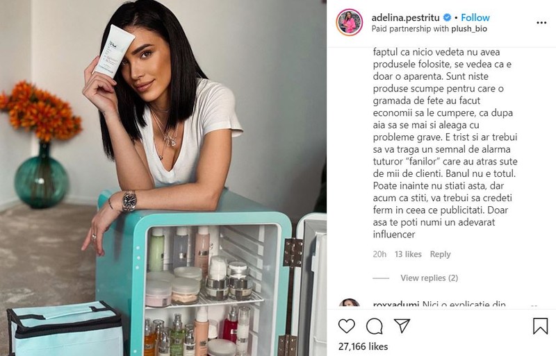 O postare a Adelinei Pestrițu a adunat peste 27.000 de like-uri, dar și multe comentarii de la tinerele care au cumpărat produsele la recomandarea sa