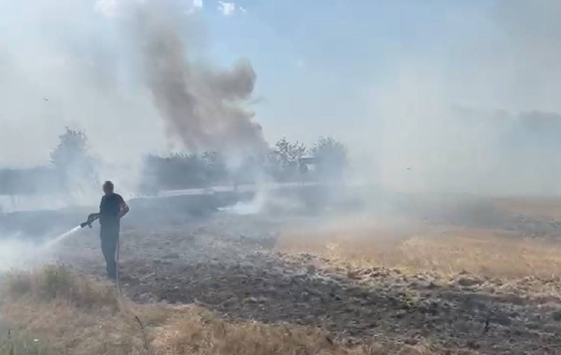 Incendiu puternic de vegetaţie uscată la ieșirea din localitatea Maglavit. Traficul rutier în zonă a fost deviat. Calea ferată e în pericol