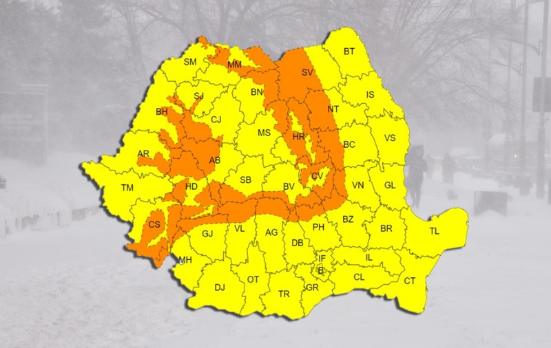 Toată țara, sub cod portocaliu și galben de ninsori viscolite și vânt puternic, până în ajunul Crăciunului