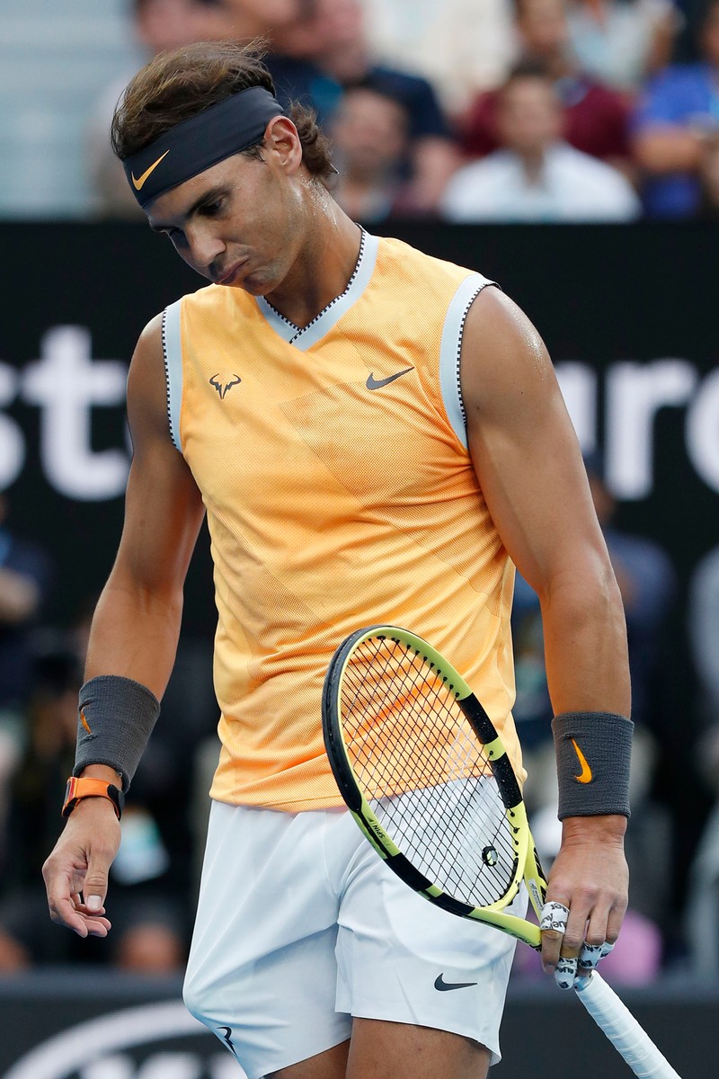epa07323563 Rafael Nadal of Spain reacts during his men's singles final match against Novak Djokovic of Serbia at the Australian Open Grand Slam tennis tournament in Melbourne, Australia, 27 January 2019. EPA-EFE/RITCHIE TONGO