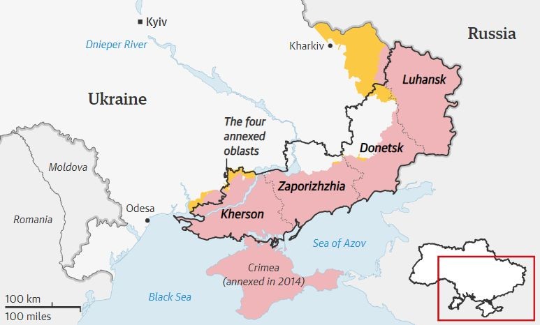 Patru provincii disputate: cu roșu, zona controlată de Rusia. Cu galben, teritoriul câștigat de Ucraina în ultimele zile Surse: Institutul pentru Studiul Războiului/The Guardian