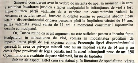 Curtea de Apel Alba Iulia explica, în 2011, că un copil sub 14 ani este considerat fără discernământ doar dacă ar comite infracţiuni, nu şi dacă e victimă