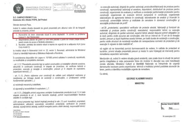 Actul transmis de George Ivașcu, ministru al culturii în 2018, către firma Carpați Proiect, în care vorbește de alunecările de teren