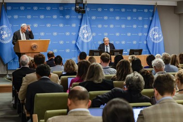 September 16, 2025, New York, USA. Secretarul general al ONU, Antonio Guterres, răspunde la întrebările presei despre situația din Gaza. Foto: Profimedia