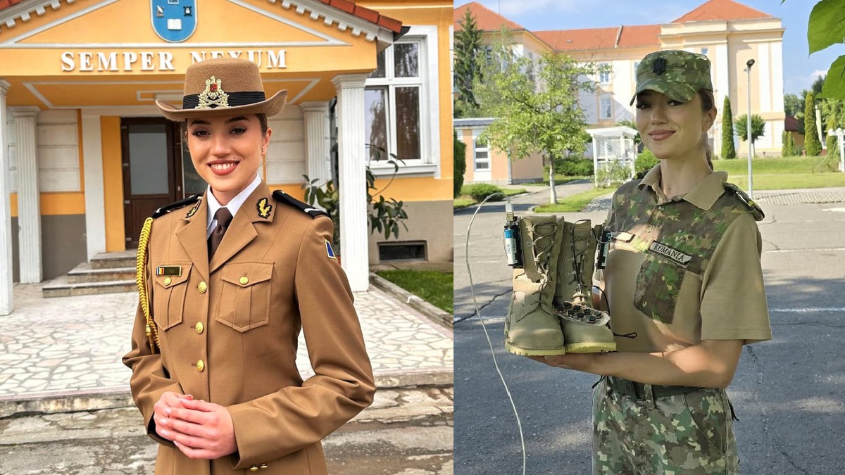 Colaj: O elevă îmbrăcată în uniforma militara, la absolvire// O eleva imbracata in uniforma militara care tine o pereche de bocanci in mana