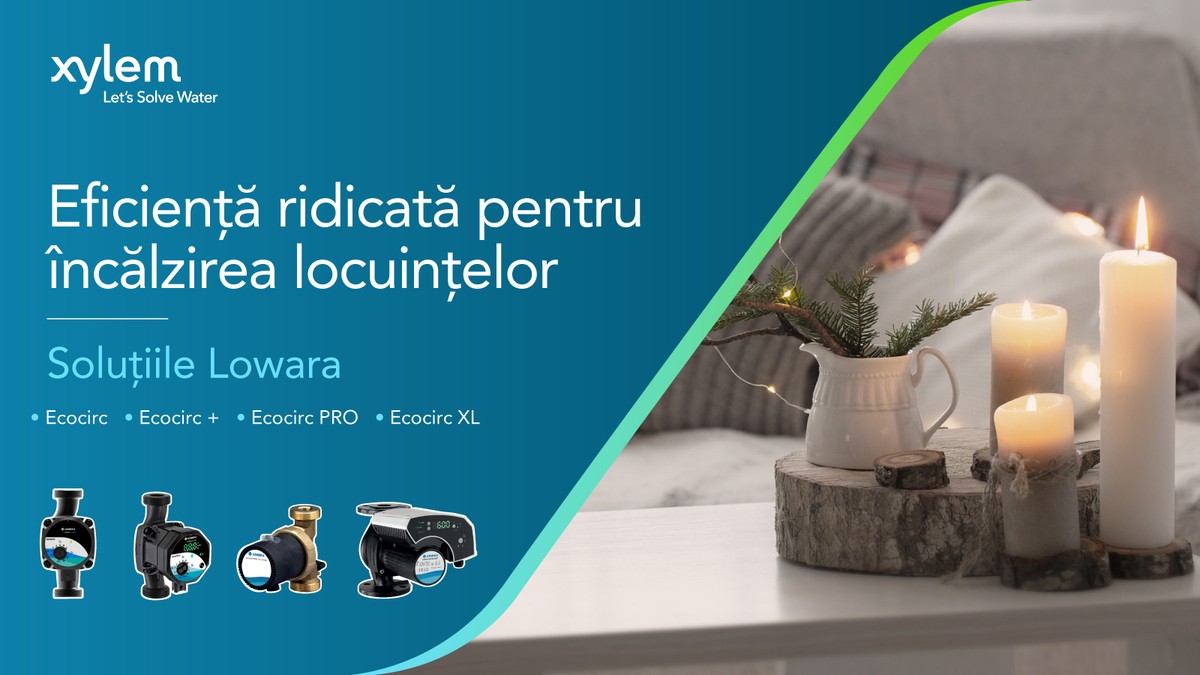 Pompe incalzire - vizual impartit in doua, in stanga se afla informatii despre xylem, iar in dreapta o masa de sufragerie cu 3 lumanari aprinse asezate in mijloc