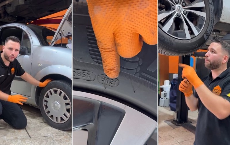 Colaj din trei cadre ce prezintă un mecanic auto cu mănuși portocalii într-un atelier: în stânga, acesta verifică roata unui autoturism argintiu; în mijloc, arată codul DOT (5021) de pe flancul unei anvelope; iar în dreapta arată spre o roată montată pe un autoturism ridicat pe elevator.
