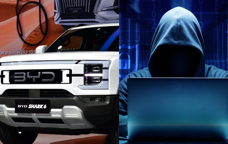 Colaj: Platforma off-road BYD Shark 6 DMO Super Hybrid, primul pick-up al BYD prezentat la cea de-a 46-a ediție a Salonului Internațional Auto de la Bangkok // Un hacker care stă la un laptop