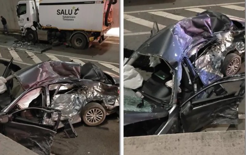 Un mort și un rănit la Timișoara după ce un autoturism a spulberat o mașină de salubrizare, în pasajul Michelangelo
